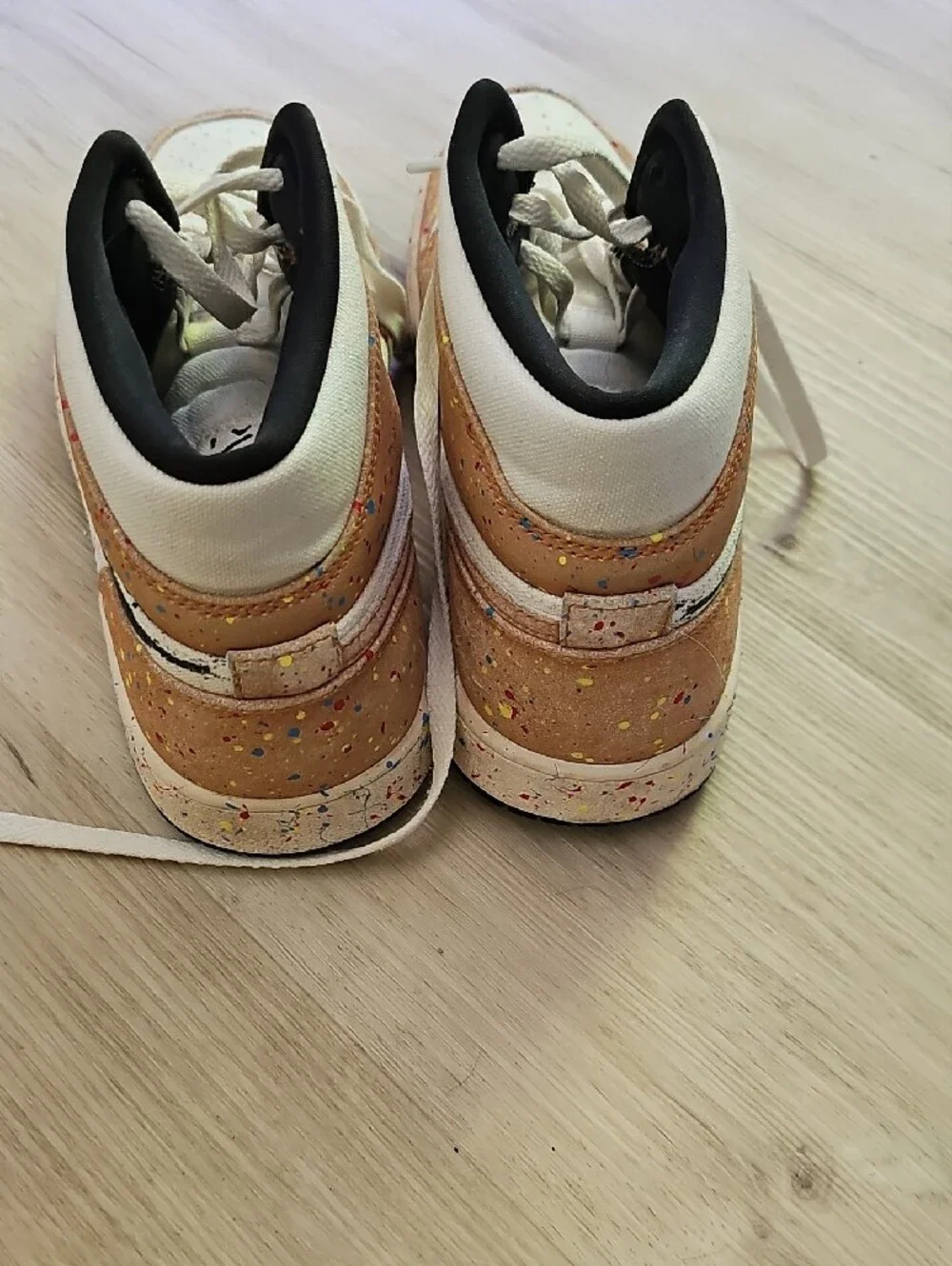 Jordan High-Top Sneakers in White and Tan with Multicolor Paint Splatter